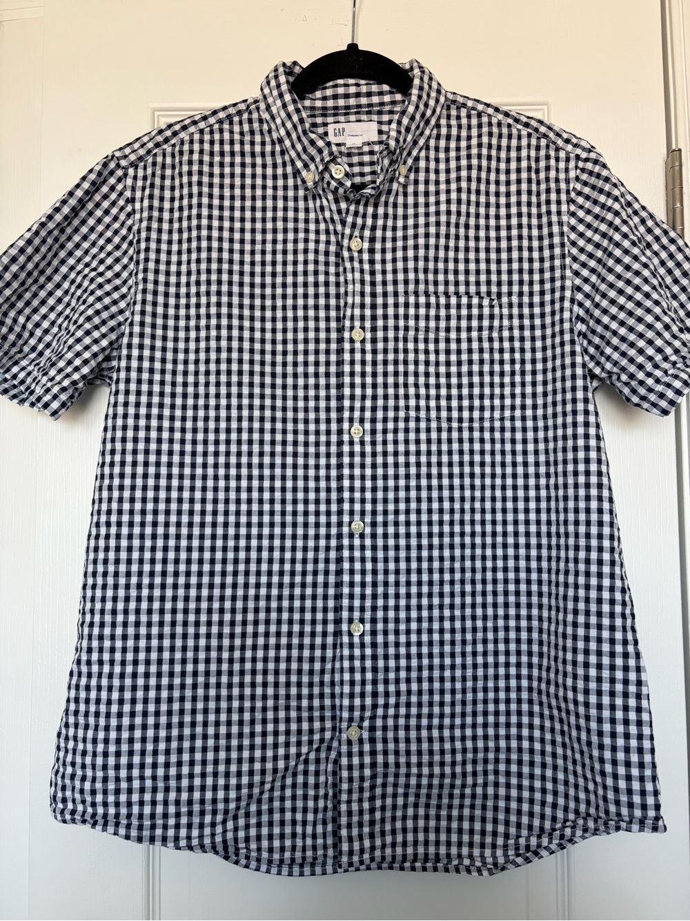 GAP Mens Navy White Gingham Short-Sleeve Button-Down Shirt Standard Fit M